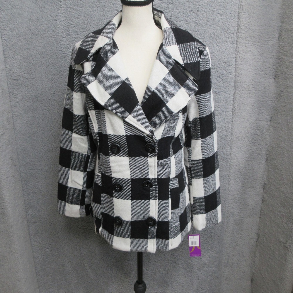 Black White Buffalo Plaid Peacoat Women M Double Breasted Preppy Dark Academia